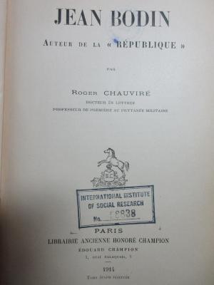 5 W 883 : Jean Bodin, auteur de la "République" (1914)