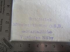 - (Benediktinerabtei (Schweiklberg)), Stempel: Name, Ortsangabe, Berufsangabe/Titel/Branche; 'Bibliothek
Missionskloster O.S.B.
Maria Hilf
Vilshofen Ndby'.  (Prototyp)