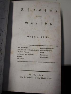 Theater von Goethe, sechster Theil : Der Großkophta. Der Triumph der Empfindsamkeit. Was wir bringen. Paleophron und Neoterpe. Espenor, Die Vögel. Künstlers Erdenwallen. Künstlers Apotheose. Bahrdt. Puppenspiel. Fastnachtsspiel. (1810)