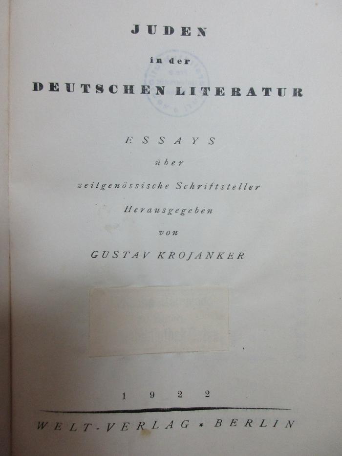 7 L 114<a> : Juden in der deutschen Literatur : Essays über zeitgenössische Schriftsteller (1922)</a>
