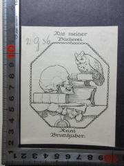 - (Brunhuber, Anni), Etikett: Exlibris, Name, Abbildung; 'Aus meiner
Bücherei
Anni
Brunhuber.'. 