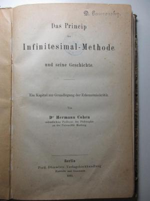 8 G 31 : Das Princip der Infinitesimal-Methode und seine Geschichte : ein Kapitel zur Grundlegung der Erkenntniskritik (1883)