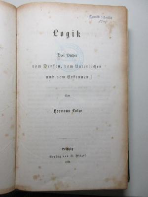 8 G 256-1 : Logik : drei Bücher vom Denken, vom Untersuchen und vom Erkennen (1874)