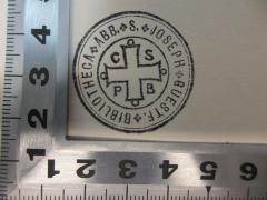 - (Abtei S. Joseph (Münster). Bibliothek), Stempel: Emblem, Initiale, Name; 'Abb. S. Joseph Guestf. Bibliotheca
C S
P B'. 