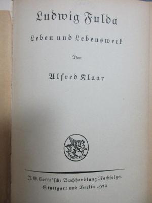 9 L 307 : Ludwig Fulda : Leben und Lebenswerk (1922)
