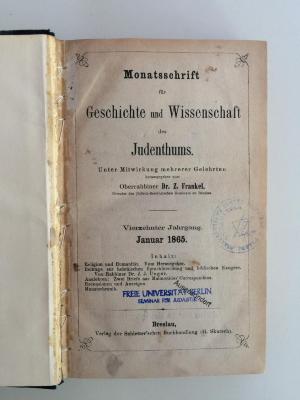 Zb 380 14 (ausgesondert) : Monatsschrift für Geschichte und Wissenschaft des Judenthums (1865)