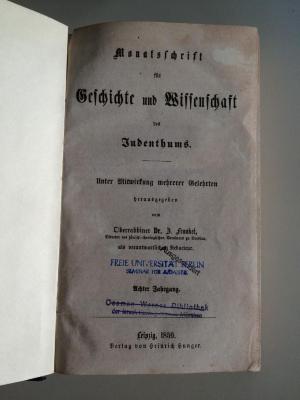 Zb 380 8 ausgesondert : Monatsschrift für Geschichte und Wissenschaft des Judenthums (1859)