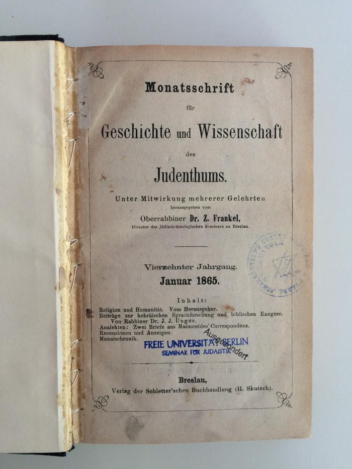 Zb 380 14 (ausgesondert) : Monatsschrift für Geschichte und Wissenschaft des Judenthums (1865)