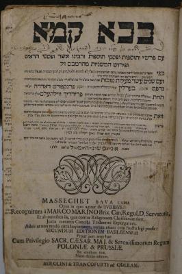 Asch7183 : בבא קמא : עם פרש׳׳י ותוספות ופסקי תוספות ורבינו אשר ופסקי הראש ופירוש המשניות מהרמב׳׳ם ז׳׳ל (1689)