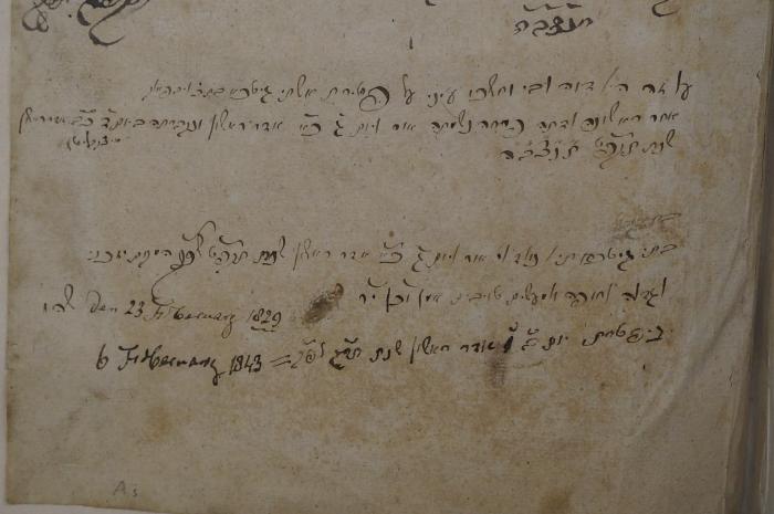 Asch7188 : ספר מנורת המאור (1722);- (Bat Lev Falḳ, Giṭkha), Von Hand: Name, Datum; 'בת גיטכא תיו נולד וי אור ליום ג׳ כ׳׳א אדר ראשון שנת תקפ׳׳ט לפ׳׳ק מקוב יזכני
וגדלה וחופה אמעשים טובים אמן וכן י׳׳ר
den 23. February 1829
בנפפטרת יום ב׳ ו׳ אדר ראשון שנת תר׳׳ג לפ׳׳ק
6. February 1843'. 