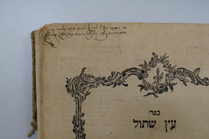 Asch7203 : ספר עץ : שתול וחוא ספר עקרים (1788);- (unbekannt), Von Hand: Name, Widmung; '[...]זה הספר [...] לי לבוכול זר '. 