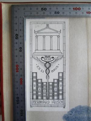N;38110 34; 9;: Materie und Gedächtnis : Essays zur Beziehung zwischen Körper und Geist (1908);- (unbekannt), Von Hand: Preis; '20.-'. ;- (Krisch, Bernhard Benno), Etikett: Exlibris, Name, Initiale, Abbildung; 'Ex Libris Bernhard Krisch 
Goethe
HR'.  (Prototyp)