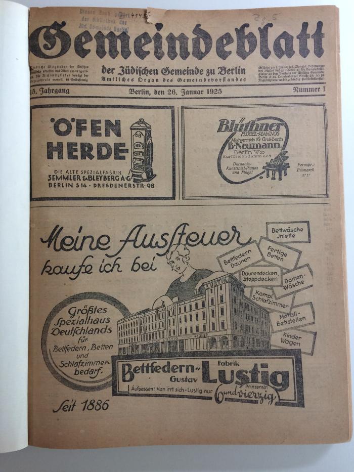 Zd 23 15 : Gemeindeblatt der Jüdischen Gemeinde zu Berlin. Amtliches Organ des Gemeindevorstands (1925)