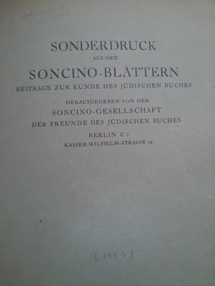 1728255/188 : Zur Geschichte der Fleischgebühren in der Berliner Jüdischen Gemeinde. Sonderdruck aus den Soncino-Blättern (1927)