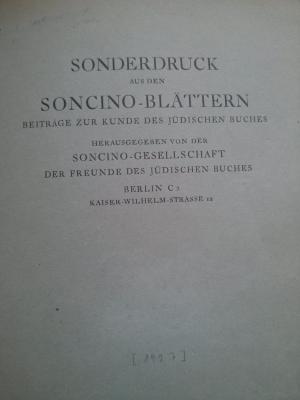 1728255/188 : Zur Geschichte der Fleischgebühren in der Berliner Jüdischen Gemeinde. Sonderdruck aus den Soncino-Blättern (1927)