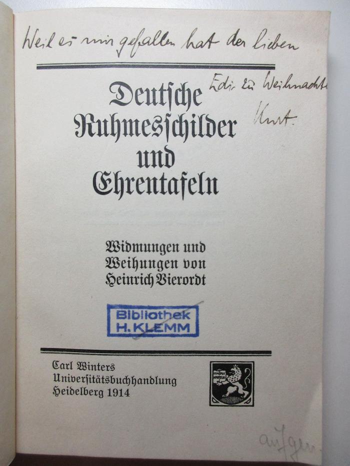 3 L 790 : Deutsche Ruhmesschilder und Ehrentafeln : Widmungen und Weihungen (1914)
