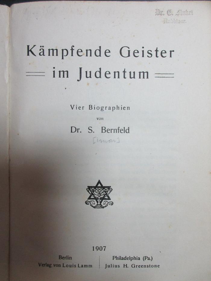 16 P 127 : Kämpfende Geister im Judentum : 4 Biographien (1907)