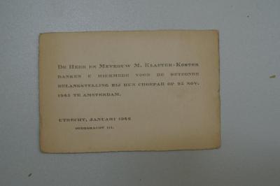 Asch7224 : פירוש על נביאים אחרונים (1641);- (Klafter-Koster, M.;Frau Klafter-Koster), Post: Name, Ortsangabe, Datum, Widmung; 'De heer en mevrouw M. Klafter-Koster danken u hiermede voor de betoonde belangstelling bij hun choepah op 25 nov. 1945 te Amsterdam.
Utrecht, Januari 1946
Oudegracht 111.'. 