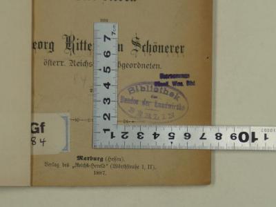 - (Bibliothekl des Bundes der Landwirthe, Berlin), Stempel: Zeichen, Name, Ortsangabe, Annotation, Besitzwechsel; 'Übernommen Öffentl. Wiss. Bibl.
Bibliothek des Bundes der Landwirthe
Berlin'. 