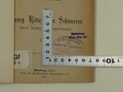 - (Bibliothekl des Bundes der Landwirthe, Berlin), Stempel: Zeichen, Name, Ortsangabe, Annotation, Besitzwechsel; 'Übernommen Öffentl. Wiss. Bibl.
Bibliothek des Bundes der Landwirthe
Berlin'. 