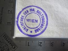 - (Israelitische Kultusgemeinde Wien), Stempel: Name, Ortsangabe; 'Bibliothek der Isr. Cultusgemeinde Wien'.  (Prototyp)