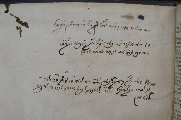 Asch7250 : טור אורח חיים  (1703);- (unbekannt), Von Hand: Name, Widmung; '[...] בת הילדה נחה נולדה
[...] על הילד'. 