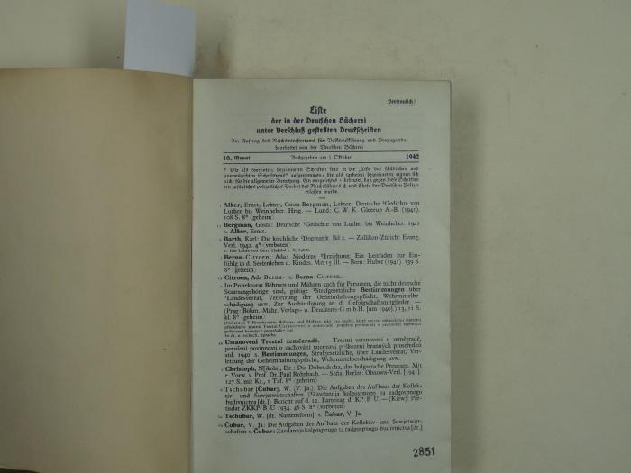  Liste der in der deutschen Bücherei unter Verschluss gestellten Druckschriften. (1942)