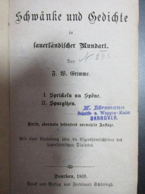 4 X 4079&lt;4&gt; : I. Sprickeln un Spöne II. Spargitzen (1869)
