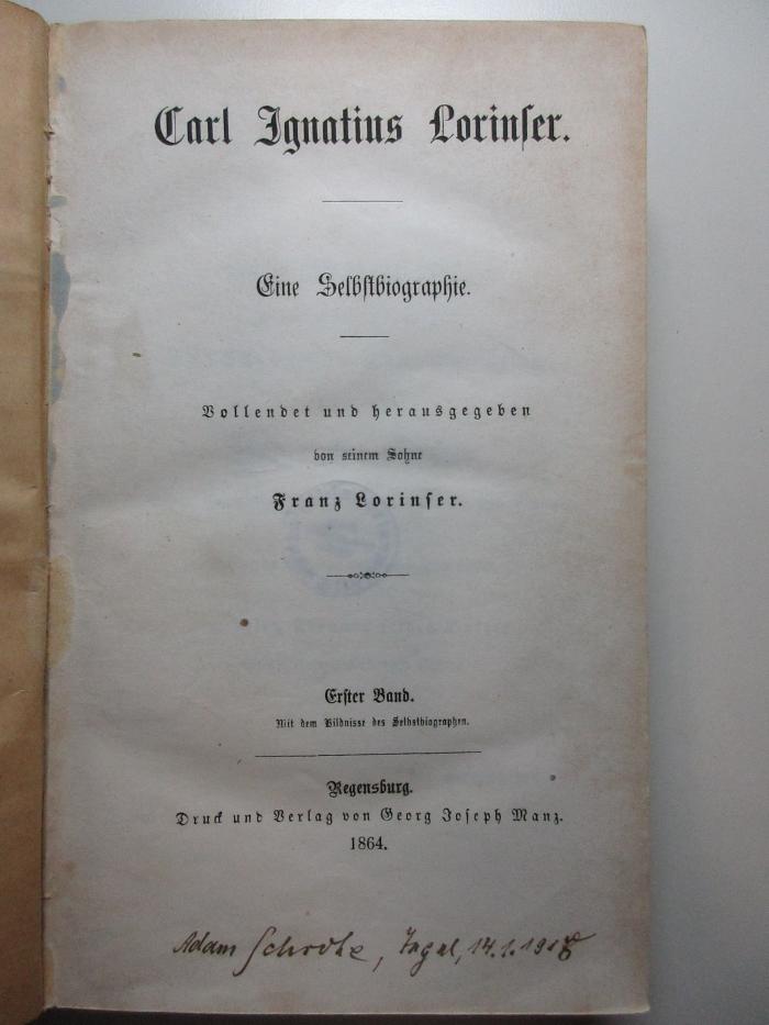4 X 4906-1/2 : Carl Ignatius Lorinser : eine Selbstbiographie (1864)