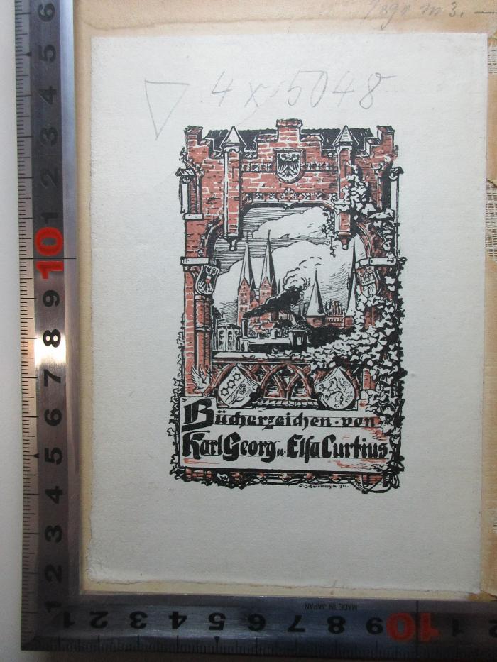 4 X 5048 : Zeitglossen des gesunden Menschenverstandes (1884);- (Curtius, Karl Georg;Curtius, Elsa), Etikett: Wappen, Name, Notiz, Abbildung; 'Bücherzeichen von
Karl Georg u. Elsa Curtius'. 