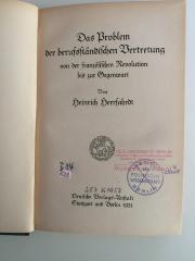 R 21 Herr (ausgesondert) : Das Problem der berufsständischen Vertretung von der fränzösischen Revolution bis zur Gegenwart (1921)