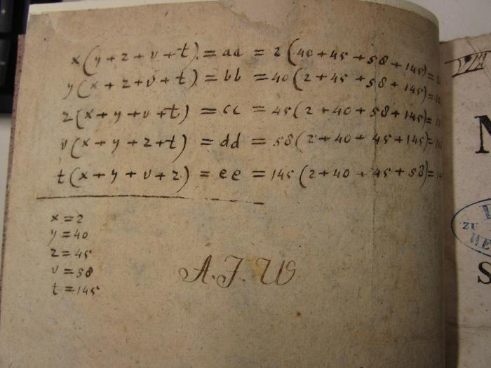  Qvi Commentationem De Praecipuis Scriptis Mathematicis Commentationem De Studio Mathematico Recte Instituendo Et Indices In Tomos Quinque Matheseos Universae Continet (1741);- (U., A. J.), Von Hand: Annotation, Initiale; '[...]
A. J. U.'. 