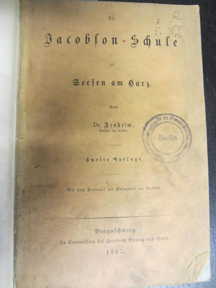 GL See Arn : Die Jacobson-Schule zu Seesen am Harz (1867)
