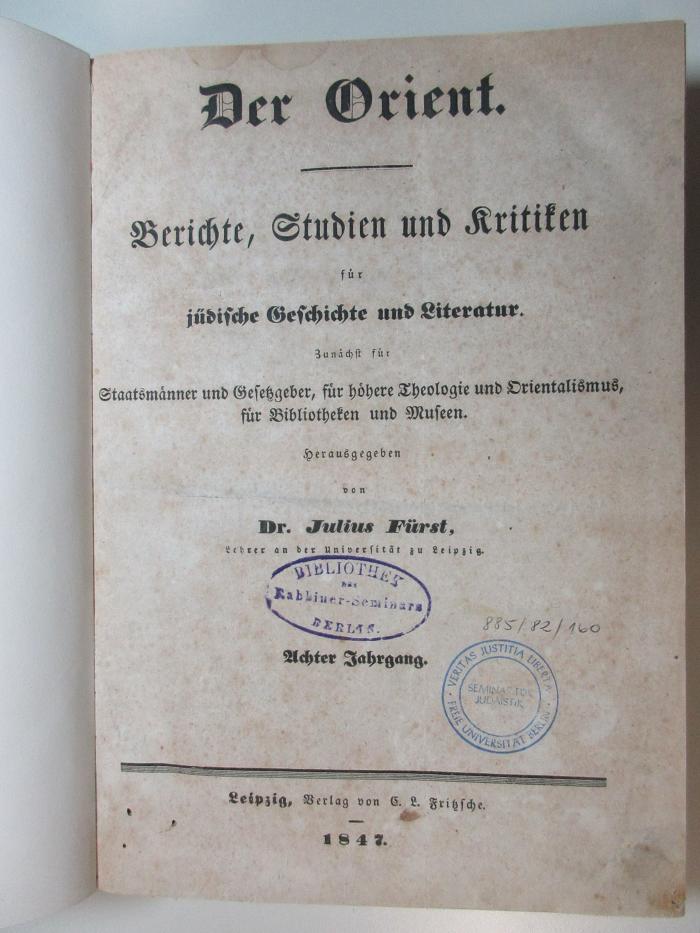 Zb 440-8 (ausgesondert): Der Orient : Berichte, Studien und Kritiken für jüdische Geschichte und Literatur (1847)