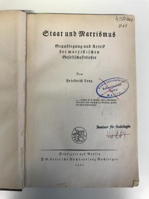 G 4 LENZ I (ausgesondert) : Staat und Narzismus. Grundlegung und Kritik der marxistischen Gesellschaftslehre (1921)