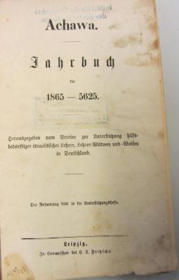 Z Ach 1 : Achawa - Jahrbuch für 1865 - 5625 (1865)