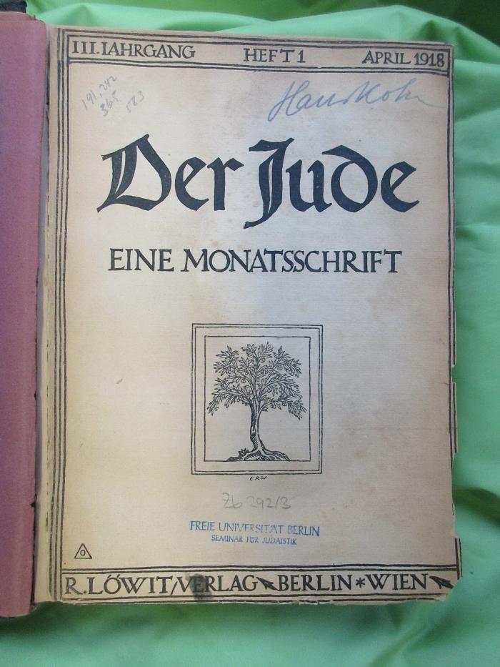 Zb 292-3 : Der Jude : eine Monatsschrift (1918)