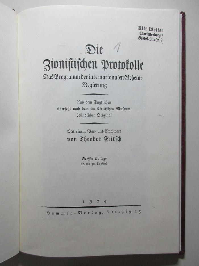 1114&lt;6&gt; : Die Zionistischen Protokolle
Das Programm der internationalen Geheim-Regierung (1924)