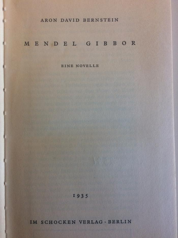 Rara 2581 : Mendel Gibbor - Eine Novelle (1935)