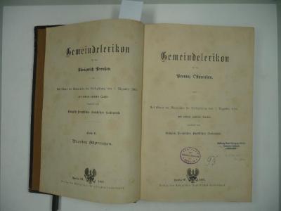 D 416 68: Gemeindelexikon für das Köngireich Preu0en. Gemeindelexikon für die Provinz Ostpreußen. Auf Grund der Materialien der Volkszählung vom 1. Dezember 1905 und anderer amtlicher Quellen. (1907)
