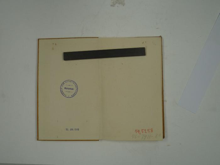 - (Kammer der Kunstschaffenden), Stempel: Zeichen, Ortsangabe, Name, Datum; 'Kammer der Kunstschaffenden Bibliothek
11. Jan. 1946'. 