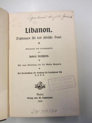 P Hir I : Libanon. Dichtungen für das jüdische Haus. (1908)