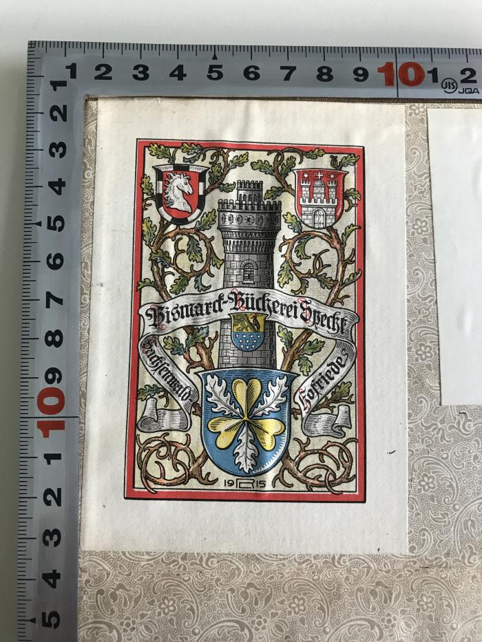 - (Bismarck-Bücherei Specht), Etikett: Name, Ortsangabe, Exlibris; 'Bismarck-Bücherei Specht Sachsenwald Hofriedes RL1915'.  (Prototyp);Ge 246 (ausgesondert) : Ludwig Windthorst. Ein Lebensbild. (1898)