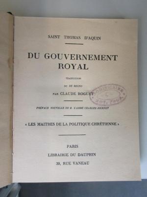 BN 2543 R342F.1931 : Du gouvernement royal : Traduction du De regno par Claude Roguet (1931)