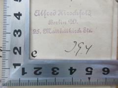 - (Hirschfeld, Alfred), Stempel: Exlibris; 'Alfred Hirschfeld
Berlin W.
25. Matthäikirch Str.'.  (Prototyp)