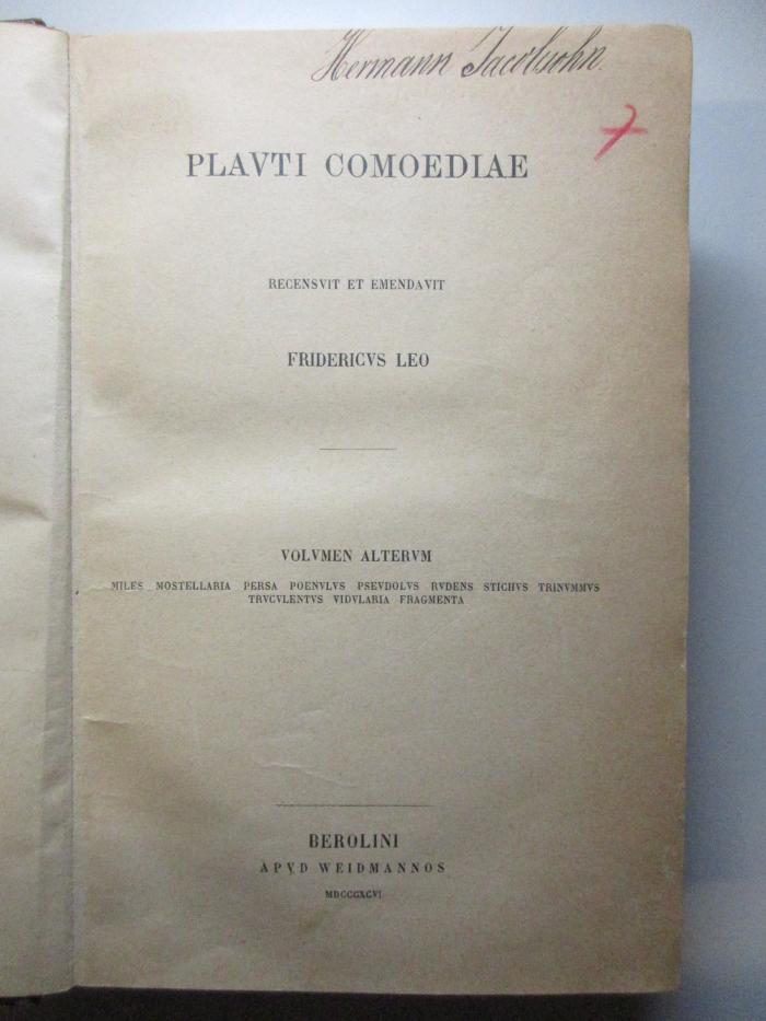 6 K 104-2 : Plavti Comoediae : Volumen Altervm (1896)