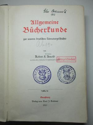 6 A 93 : Allgemeine Bücherkunde zur neueren deutschen Literaturgeschichte (1910)