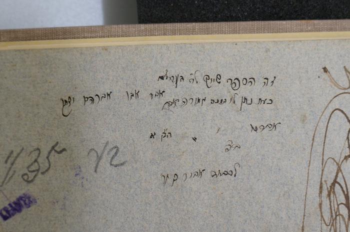 BD 5000 ISS_a : ספר מחיר יין (1838);- (unbekannt), Von Hand: Name, Ortsangabe, Widmung; 'זה ספר שייך לח׳ בן משה
[...] בעת נתן לו במתנה ממורה
אב[...] ה׳׳א 
ב׳׳ה
[...] לכבוד אבור     '. 