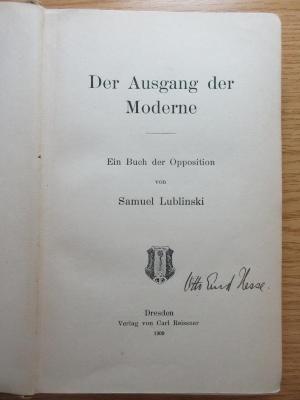 3 X 493 : Der Ausgang der Moderne : Ein Buch der Opposition (1909)