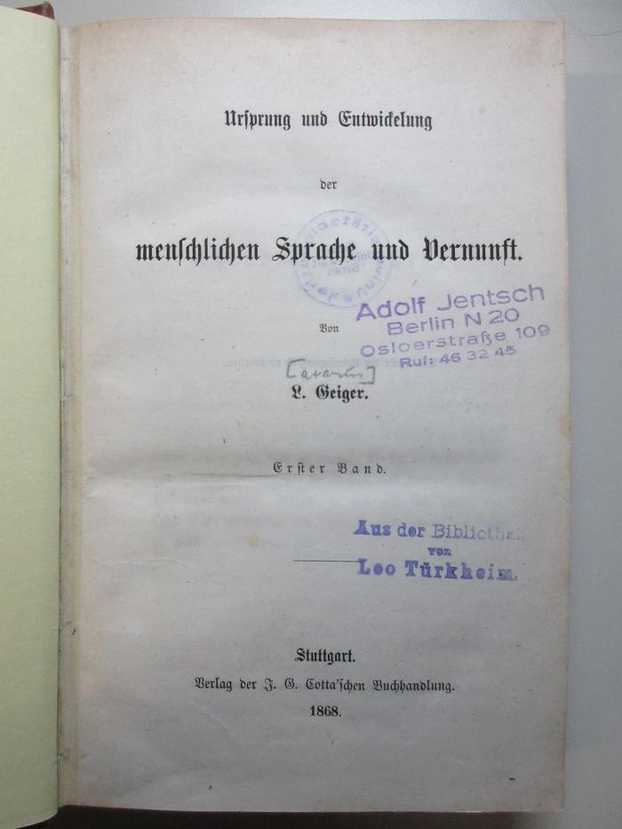 6 I 41 &lt;1&gt; : Ursprung und Entwicklung der menschlichen Sprache und Vernunft (1868)
